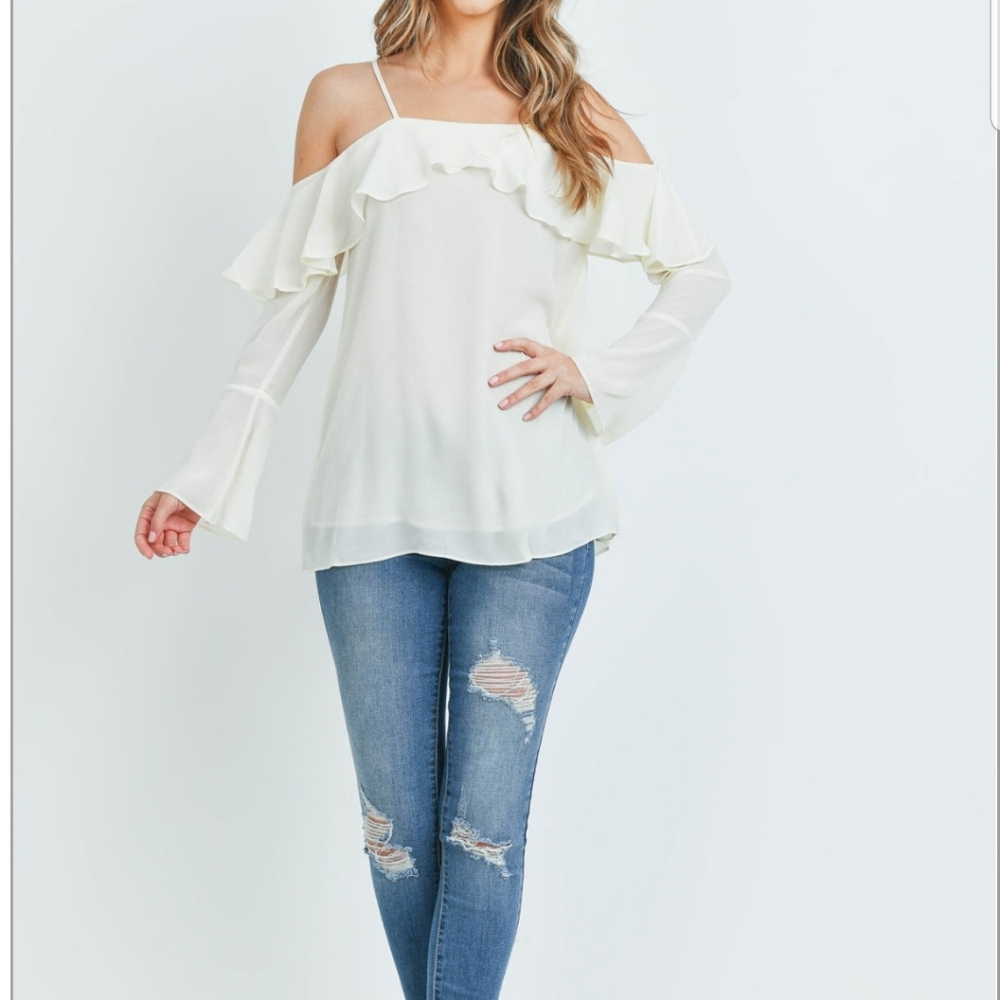 Cream Ruffled Cold-Shoulder Top - Picture 4 of 6